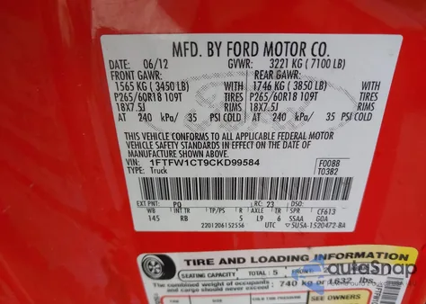 2012 Ford F-150 Fx2 z USA, uszkodzony, nr VIN 1FTFW1CT9CKD99584